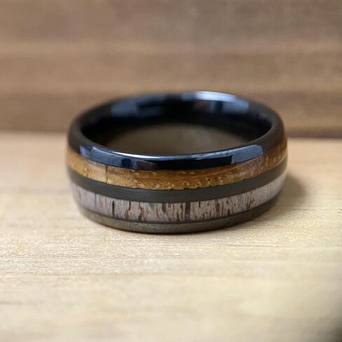 BW James Jewelers "The Daniel Boone 8mm Kentucky Straight Bourbon Whiskey Wooden Barrel Black Ceramic Ring With Antler - Handcrafted Men's Wedding Bands & Promise Rings Sizes 7-16 in Saudi Arabia