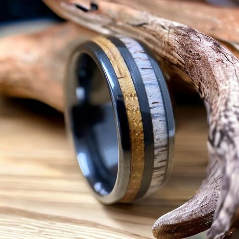 BW James Jewelers "The Daniel Boone 8mm Kentucky Straight Bourbon Whiskey Wooden Barrel Black Ceramic Ring With Antler - Handcrafted Men's Wedding Bands & Promise Rings Sizes 7-16 in Saudi Arabia