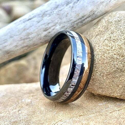 BW James Jewelers "The Daniel Boone 8mm Kentucky Straight Bourbon Whiskey Wooden Barrel Black Ceramic Ring With Antler - Handcrafted Men's Wedding Bands & Promise Rings Sizes 7-16 in Saudi Arabia