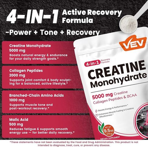 VEV Creatine Monohydrate for Women Powder 5000 mg with Collagen & BCAAs 2:1:1 – Creatine for Women, Supports Muscle Definition, Recovery & Energy – Unflavored, Sugar-Free, 9.5 oz, 30 Servings in Saudi Arabia