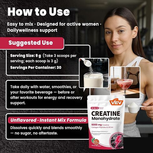 VEV Creatine Monohydrate for Women Powder 5000 mg with Collagen & BCAAs 2:1:1 – Creatine for Women, Supports Muscle Definition, Recovery & Energy – Unflavored, Sugar-Free, 9.5 oz, 30 Servings in Saudi Arabia