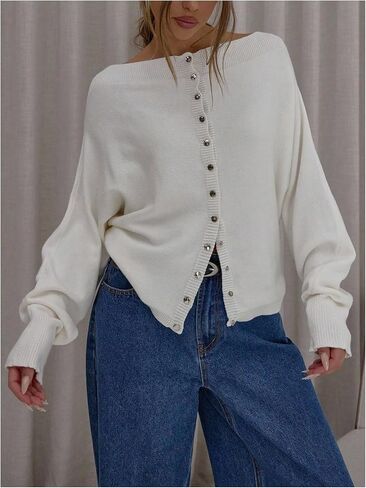 MakeMeChic Women's Button Down Cardigan Sweaters Off The Shoulder Tops Dolman Sleeve Knitwear in Saudi Arabia