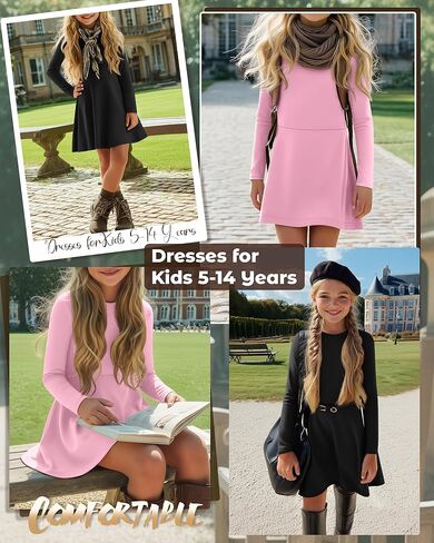 2 حزمة الفتيات فستان طويل الأكمام Skater Twirl a Line Crewneck فساتين الخريف عادية للأطفال 5-14 سنة in Kuwait