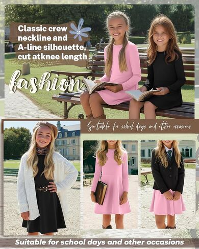 2 حزمة الفتيات فستان طويل الأكمام Skater Twirl a Line Crewneck فساتين الخريف عادية للأطفال 5-14 سنة in Kuwait