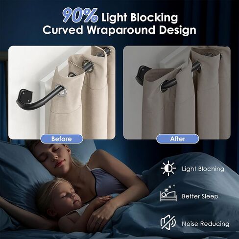 2 Pack Wrap Around Curtain Rods for Windows Adjustable 28-48 Inch - Curved Light Gap Blocking, 90% Blackout Room Darkening, Heavy Duty 5/8" Matte Black Curtain Rod (Easy Install Hardware) in Saudi Arabia