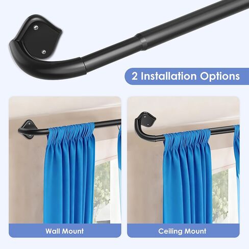 2 Pack Wrap Around Curtain Rods for Windows Adjustable 28-48 Inch - Curved Light Gap Blocking, 90% Blackout Room Darkening, Heavy Duty 5/8" Matte Black Curtain Rod (Easy Install Hardware) in Saudi Arabia