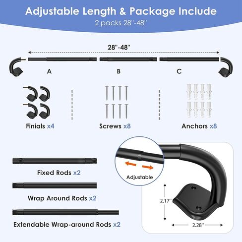 2 Pack Wrap Around Curtain Rods for Windows Adjustable 28-48 Inch - Curved Light Gap Blocking, 90% Blackout Room Darkening, Heavy Duty 5/8" Matte Black Curtain Rod (Easy Install Hardware) in Saudi Arabia