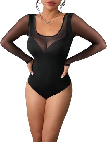 Aisbei Women's Sexy Long Sleeve Sheer Mesh See Through Going Out Bodysuits Tops in Saudi Arabia