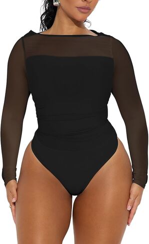 Aisbei Women's Sexy Long Sleeve Sheer Mesh See Through Going Out Bodysuits Tops in Saudi Arabia