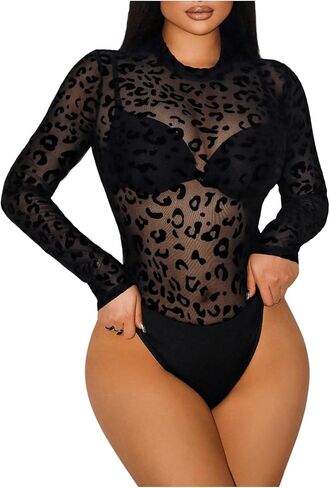 Milumia Women's Leopard Print Long Sleeve Mesh Bodysuit Mock Neck Sheer Jumpsuits Leotard in Saudi Arabia