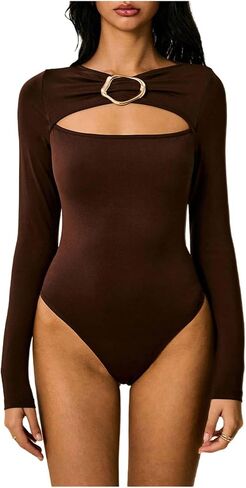 Milumia Women's Long Sleeve Bodysuit Elegant Metal Cut Out Backless Leotard Tops in Saudi Arabia