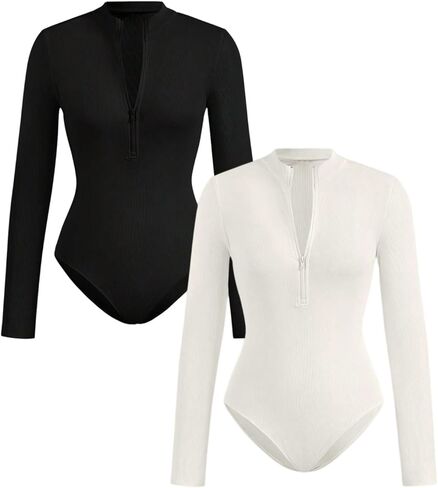 SOLY HUX Women's Half Zip Mock Neck Bodysuit 2 Packs Long Sleeve Leotard Shirts Fitted Tops in Saudi Arabia