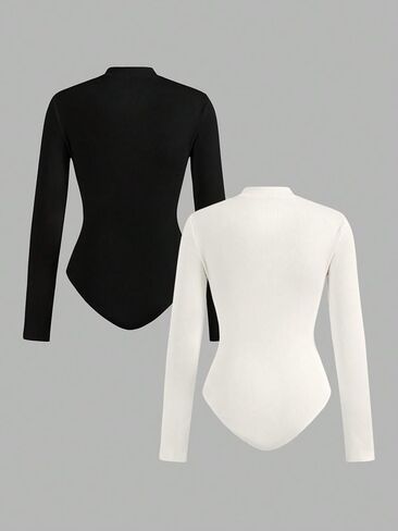 SOLY HUX Women's Half Zip Mock Neck Bodysuit 2 Packs Long Sleeve Leotard Shirts Fitted Tops in Saudi Arabia