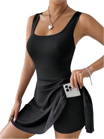 WDIRARA Women's Tennis Dress Athletic Square Neck Sleeveless Flared Short Dresses with Built in Shorts in Saudi Arabia