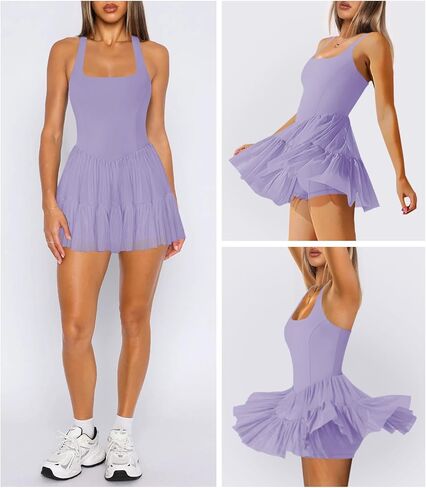 Women's Tennis Pleated Workout Dress Halter Neck Adjustable Straps Backless Flowy Summer Mini Dress Built in Shorts Pockets in Saudi Arabia