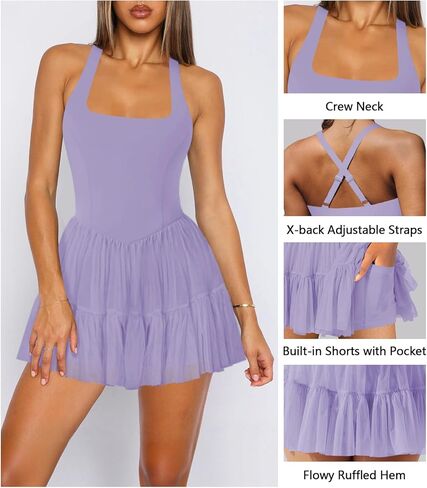 Women's Tennis Pleated Workout Dress Halter Neck Adjustable Straps Backless Flowy Summer Mini Dress Built in Shorts Pockets in Saudi Arabia