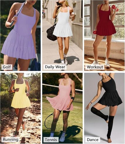 Women's Tennis Pleated Workout Dress Halter Neck Adjustable Straps Backless Flowy Summer Mini Dress Built in Shorts Pockets in Saudi Arabia