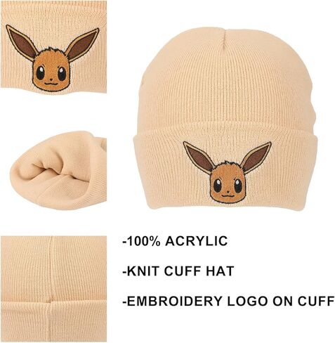 Pokemon Rib Knit, Embroidered Eevee On Tan Cuff Beanie in Kuwait