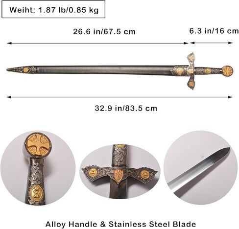 Stainless Steel Medieval Cross Crusader Knight Templar Sword for Collection, Cosplay, Display-32.9 Inch in Saudi Arabia