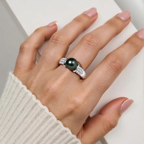 18k White Gold Black Pearl Ring for Women with D Color Moissanite , AAAA Tahitian Pearl 9-10MM, Anniversary Birthday Valentine's Day Gift Mom, Sterling Silver Alternative, Elegant Statement Jewelry in Saudi Arabia