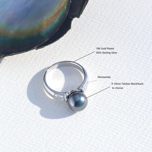 18k White Gold Black Pearl Ring for Women with D Color Moissanite , AAAA Tahitian Pearl 9-10MM, Anniversary Birthday Valentine's Day Gift Mom, Sterling Silver Alternative, Elegant Statement Jewelry in Saudi Arabia