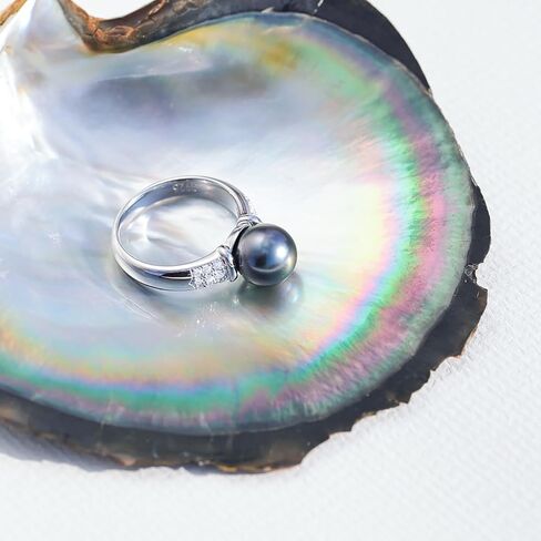 18k White Gold Black Pearl Ring for Women with D Color Moissanite , AAAA Tahitian Pearl 9-10MM, Anniversary Birthday Valentine's Day Gift Mom, Sterling Silver Alternative, Elegant Statement Jewelry in Saudi Arabia