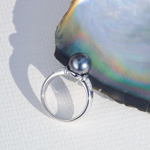 18k White Gold Black Pearl Ring for Women with D Color Moissanite , AAAA Tahitian Pearl 9-10MM, Anniversary Birthday Valentine's Day Gift Mom, Sterling Silver Alternative, Elegant Statement Jewelry in Saudi Arabia
