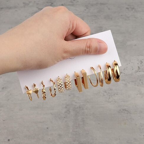 6/24 Pairs Women's Gold Hoop Earrings Pair: Fashion Large Pearls - Beautifully Decorated, Twisted Statement Earrings, Perfect for Birthday Parties in Saudi Arabia