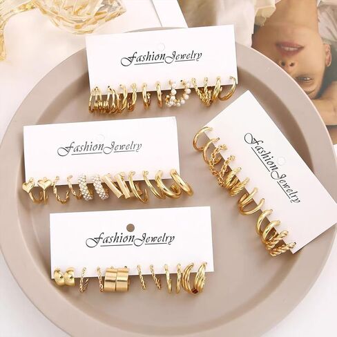 6/24 Pairs Women's Gold Hoop Earrings Pair: Fashion Large Pearls - Beautifully Decorated, Twisted Statement Earrings, Perfect for Birthday Parties in Saudi Arabia