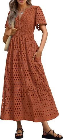 Prettygarden Womens 2025 Summer Maxi Dress Short Sleeve v Neck Hollow Outelet Alet A Long Flowy Beach Valicses in Kuwait