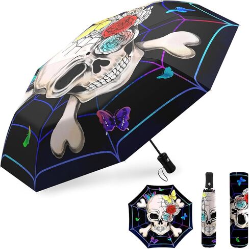 Automatic Halloween Gothic Skull Umbrella Flower Folding Compact Travel Inverted Umbrellas for Rain Windproof Portable Open Close Auto Sunshade Goth Parasol Umbrella for Sun UV Protection in Saudi Arabia