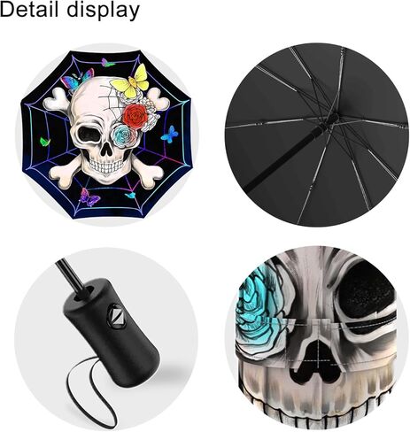 Automatic Halloween Gothic Skull Umbrella Flower Folding Compact Travel Inverted Umbrellas for Rain Windproof Portable Open Close Auto Sunshade Goth Parasol Umbrella for Sun UV Protection in Saudi Arabia