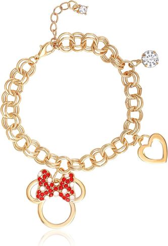 Disney Minnie Mouse Charm Bracelets Official License, 7"+1" Chunky Bracelet with Crystal Minnie Silhouette and Heart Charms in Saudi Arabia