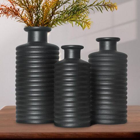 Black Ceramic Vases for Home Decor, Modern Farmhouse Frosted Semi Matte Textured Decorative Vase Set, Unique Vase for Entryway, Coffee Table, Shelf, Small Pampas Grass and Flowers in Saudi Arabia