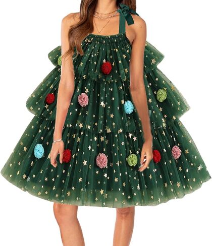 Women Christmas Tree Green Dress Sleeveless Star Sequin Layered Tulle Tutu Dresses Christmas Cute Xmas Tree Dress in Saudi Arabia