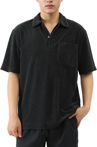 Men's Terry Towel Polo Shirt with Short Sleeve Chest Pocket Casual Unisex Top in Saudi Arabia