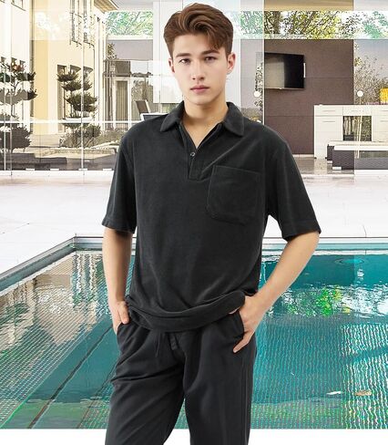 Men's Terry Towel Polo Shirt with Short Sleeve Chest Pocket Casual Unisex Top in Saudi Arabia