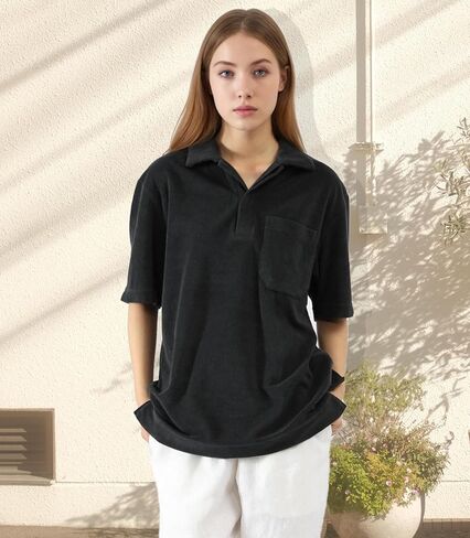 Men's Terry Towel Polo Shirt with Short Sleeve Chest Pocket Casual Unisex Top in Saudi Arabia