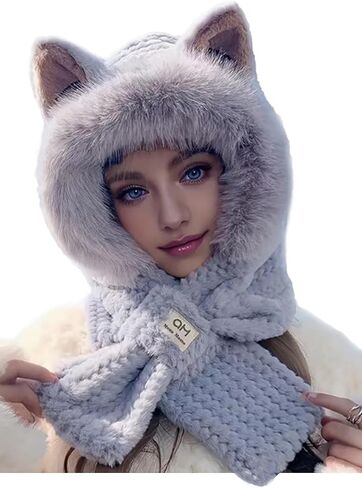 Cozy Fox Ears Plush Hat & Scarf Set - Women's Thickened Warm Winter Ear Warmer Scarf, Fox Ears Plush Design, Neck Warmer in Saudi Arabia
