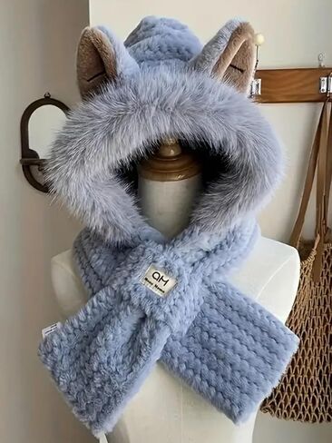 Cozy Fox Ears Plush Hat & Scarf Set - Women's Thickened Warm Winter Ear Warmer Scarf, Fox Ears Plush Design, Neck Warmer in Saudi Arabia
