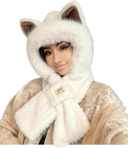 Cozy Fox Ears Plush Hat & Scarf Set - Women's Thickened Warm Winter Ear Warmer Scarf, Fox Ears Plush Design, Neck Warmer in Saudi Arabia