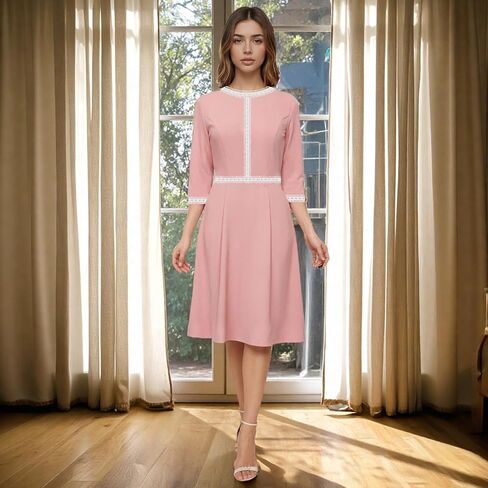 Women's Work Dress Church Dress 2025 Lace Trim A Line Classy Office Business Casual Midi Dresses in Saudi Arabia