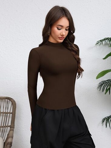 Laughido Women's Mock Neck Long Sleeve Slim Fit Double Lined T-Shirt Casual Basic Crop Tops 2025 Fall Clothes in Saudi Arabia