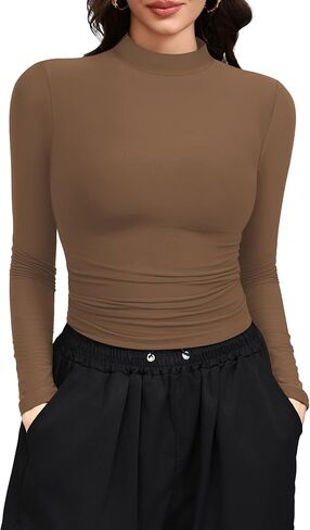 Laughido Women's Mock Neck Long Sleeve Slim Fit Double Lined T-Shirt Casual Basic Crop Tops 2025 Fall Clothes in Saudi Arabia