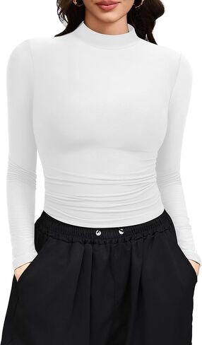 Laughido Women's Mock Neck Long Sleeve Slim Fit Double Lined T-Shirt Casual Basic Crop Tops 2025 Fall Clothes in Saudi Arabia