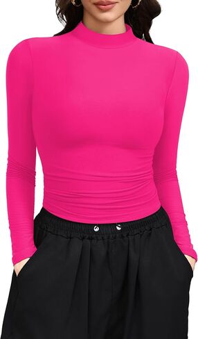 Laughido Women's Mock Neck Long Sleeve Slim Fit Double Lined T-Shirt Casual Basic Crop Tops 2025 Fall Clothes in Saudi Arabia