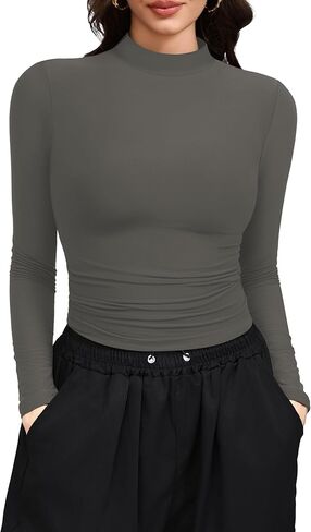 Laughido Women's Mock Neck Long Sleeve Slim Fit Double Lined T-Shirt Casual Basic Crop Tops 2025 Fall Clothes in Saudi Arabia