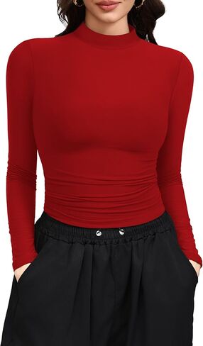 Laughido Women's Mock Neck Long Sleeve Slim Fit Double Lined T-Shirt Casual Basic Crop Tops 2025 Fall Clothes in Saudi Arabia