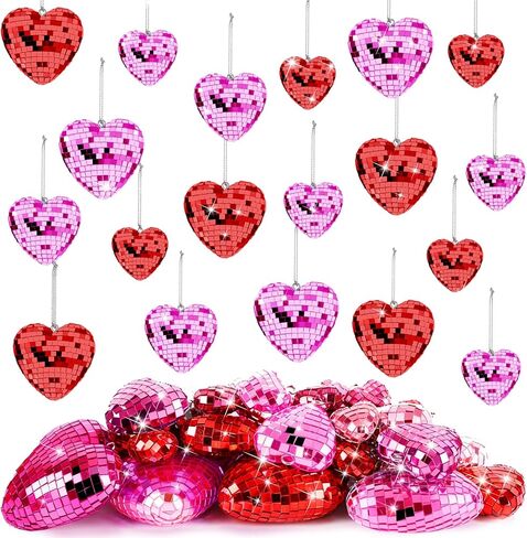36 Pcs Valentine's Day Ornaments Heart Shaped Mirror Disco Balls Ornaments Glitter Hanging Galentines Day Tree Ornaments for Valentine's Day Wedding Anniversary Party Supplies (36, Colorful, Multiple) in Kuwait