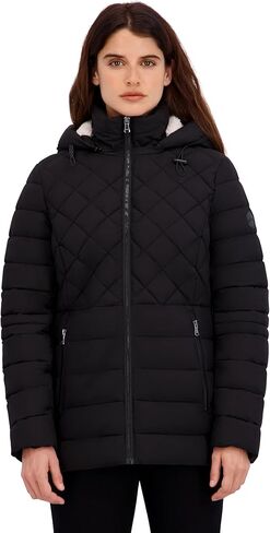 HFX womens Mid-weight Puffer Jacket – Water-resistant, Stretch Fabric Coat, Removable Faux Sherpa Lined Hood in Saudi Arabia